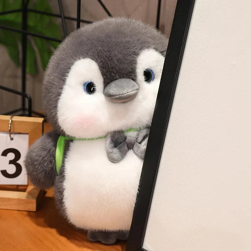 Fluffy Gray Penguin Plushie with Turtle daypack