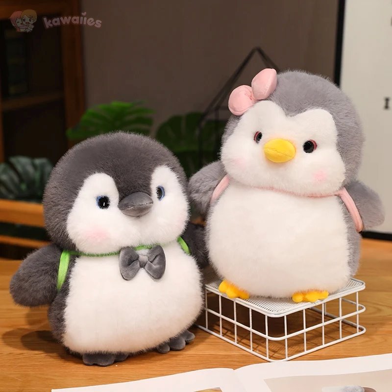 Fluffy Gray Penguin Plushie with Turtle daypack
