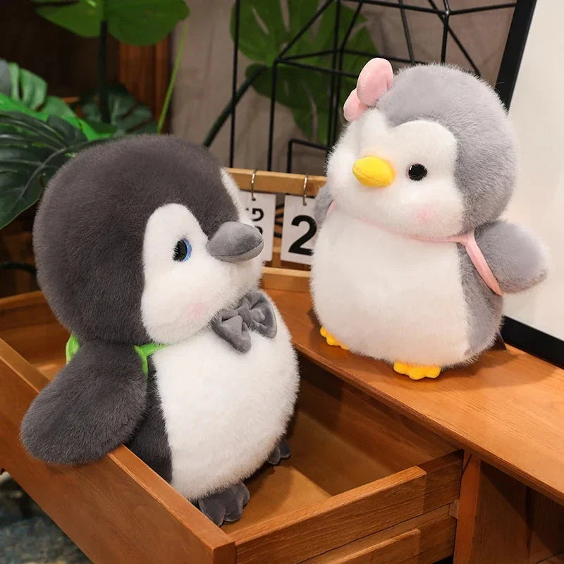 Fluffy Gray Penguin Plushie with Turtle daypack