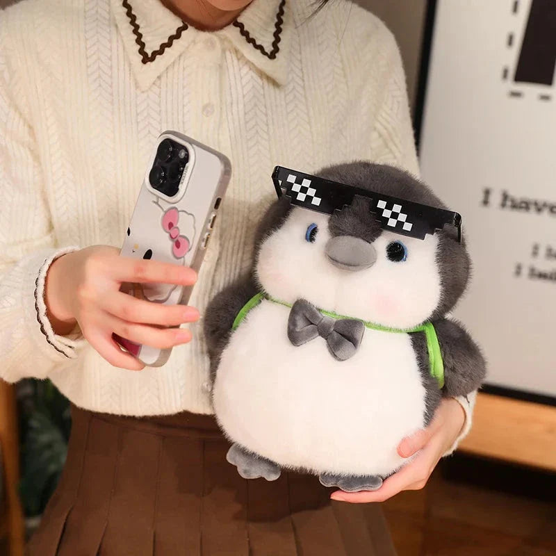 Fluffy Gray Penguin Plushie with Turtle daypack