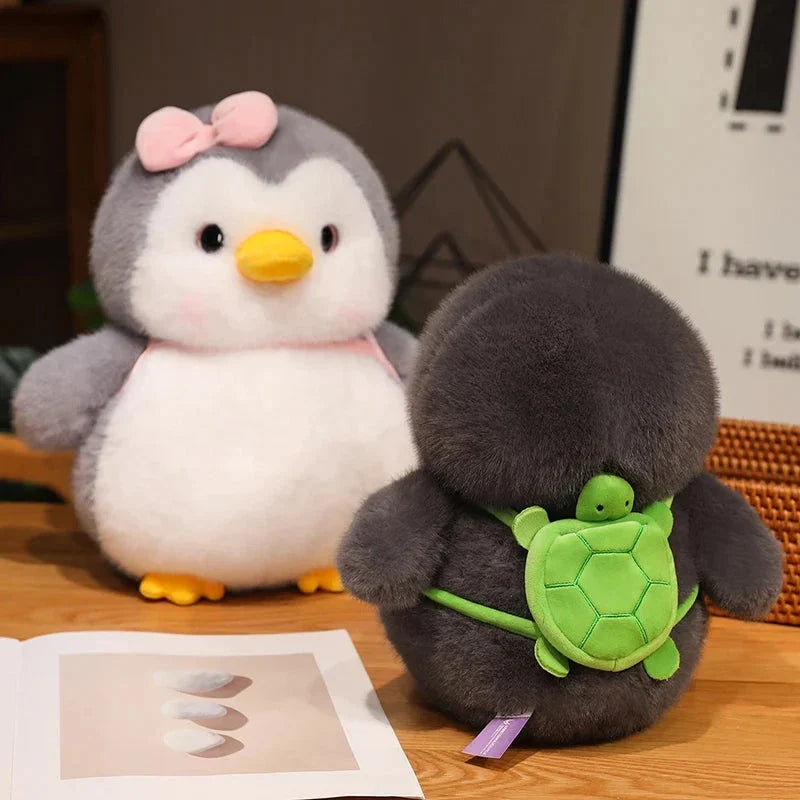 Fluffy Gray Penguin Plushie with Turtle daypack